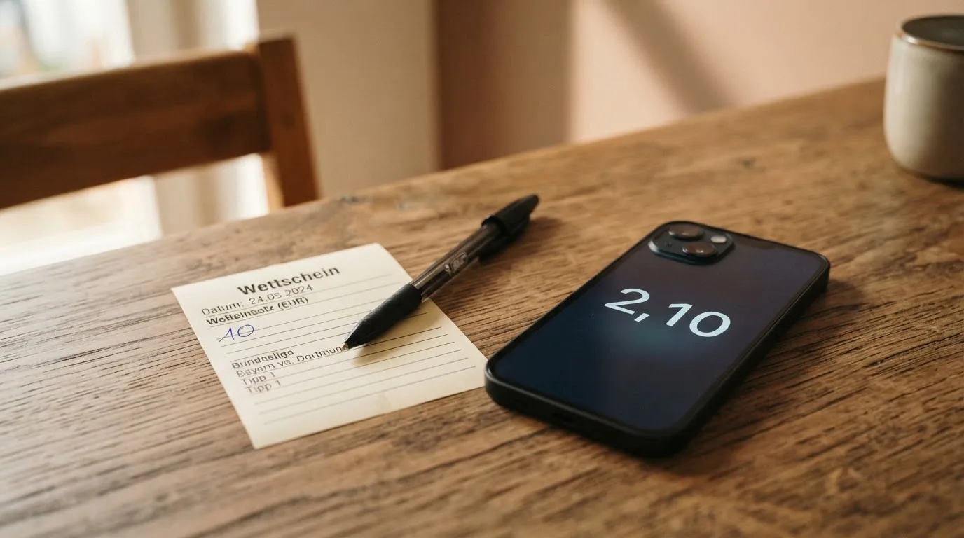 Ein leerer Papier-Wettschein und ein Kugelschreiber liegen auf einem Holztisch neben einem schwarzen Smartphone.
