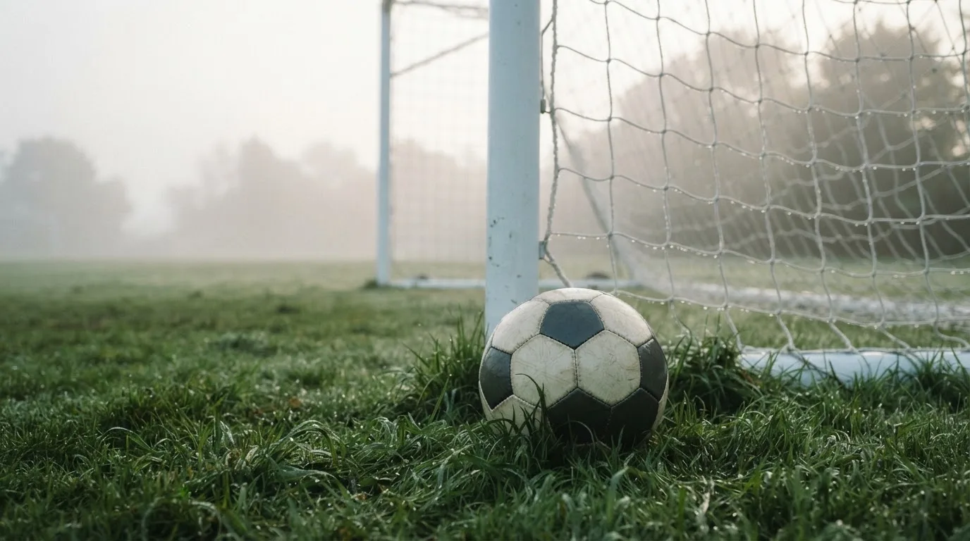 Ein Fußball liegt auf dem Rasen vor einem Tor im Morgennebel, die Netzmaschen sind taufeucht.