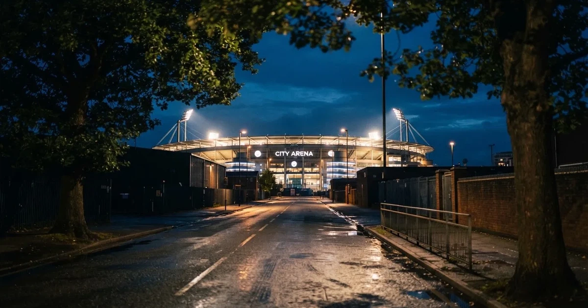 Ein hell erleuchtetes Stadion aus der Ferne bei Nacht, davor eine stille Straße und ein paar Bäume.