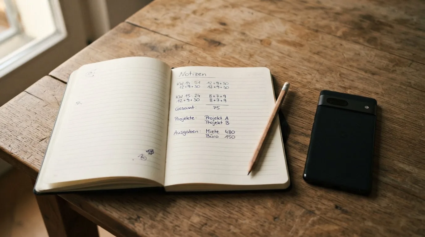 Ein Notizbuch mit handschriftlichen Zahlenreihen liegt neben einem Bleistift und einem Smartphone mit dunklem Display auf einem Tisch.