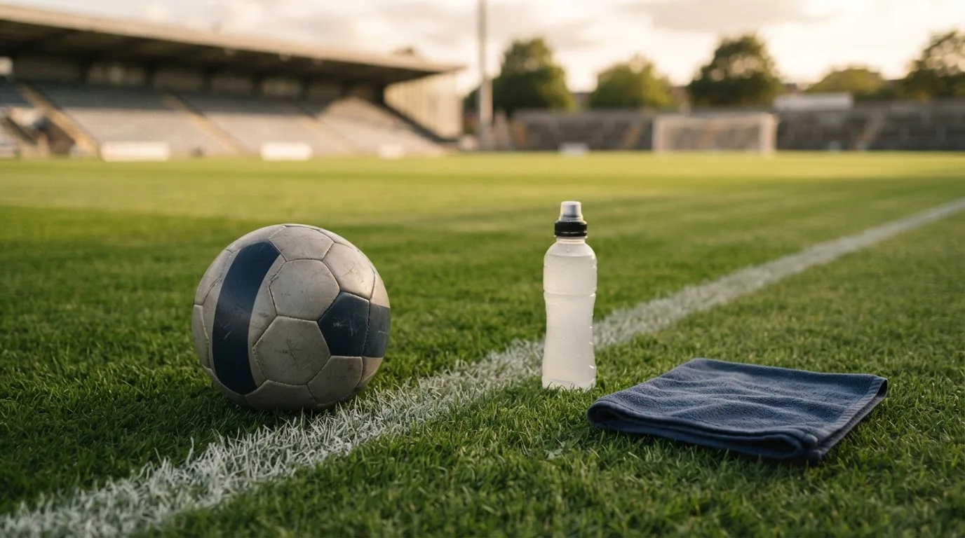 Ein Fußball auf einer Wiese neben der Seitenlinie, daneben eine Trinkflasche ohne Aufdruck und ein Handtuch.