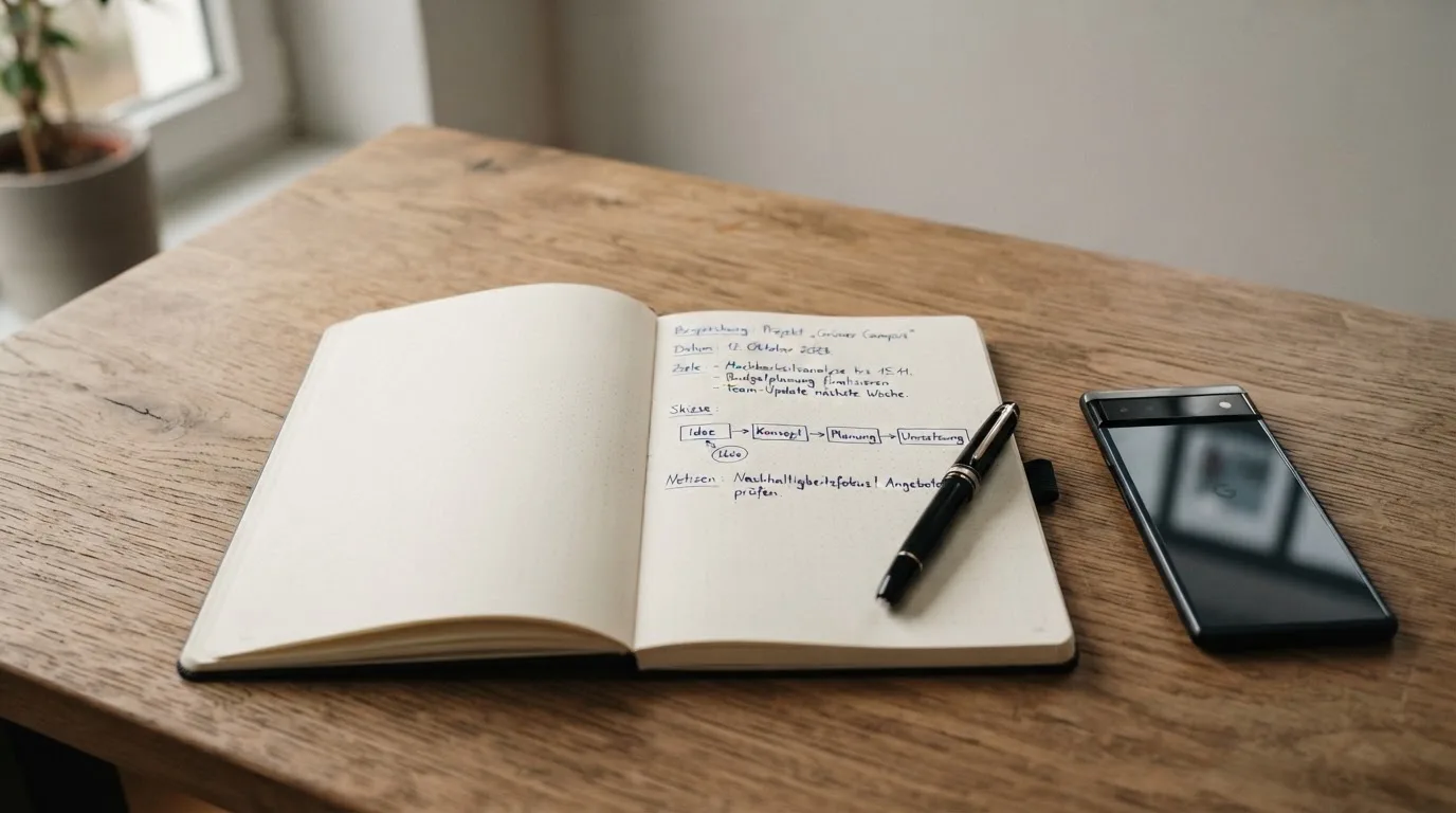 Ein Notizbuch mit handschriftlichen Notizen und ein Taschenrechner liegen auf einem Schreibtisch neben einem Smartphone mit dunklem Display.