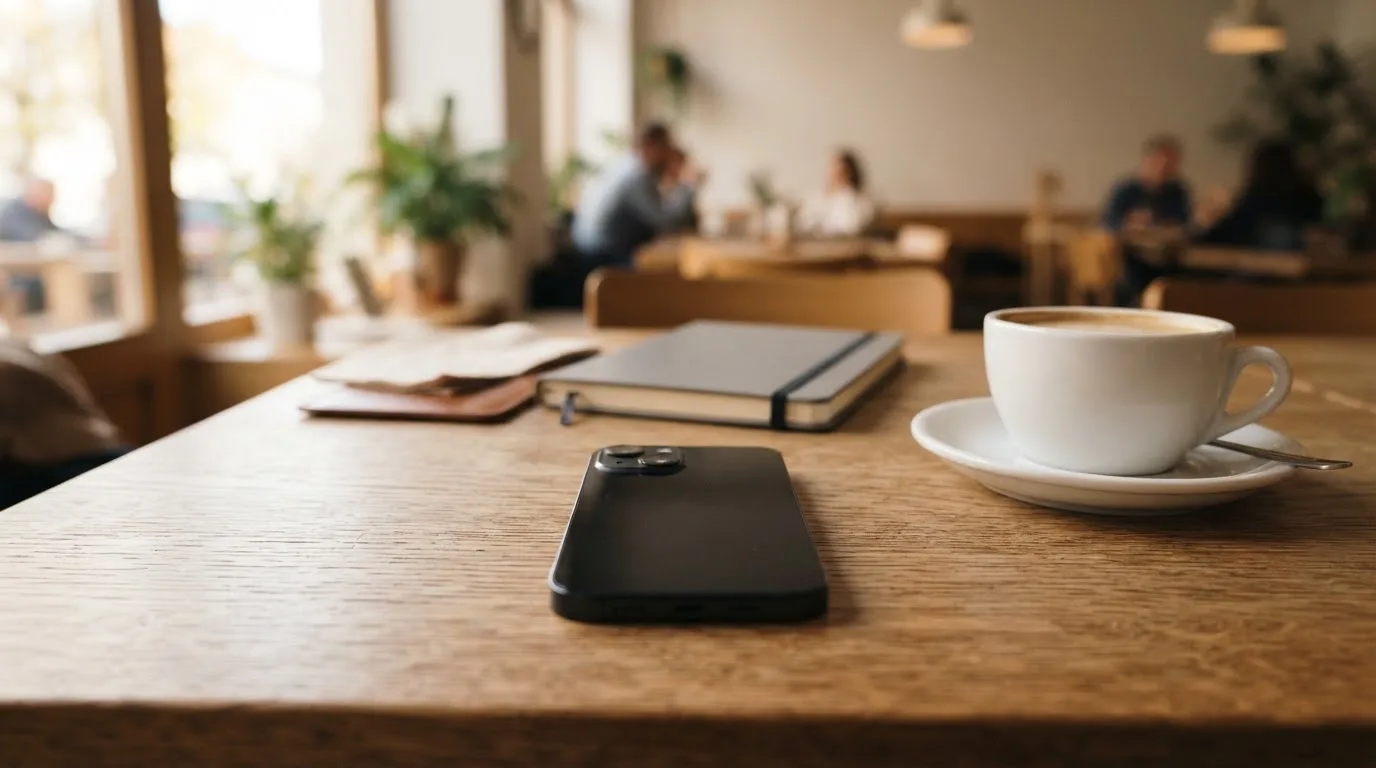 Ein Smartphone liegt mit schwarzem Display neben einer Kaffeetasse und einem Notizblock auf einem Café-Tisch.
