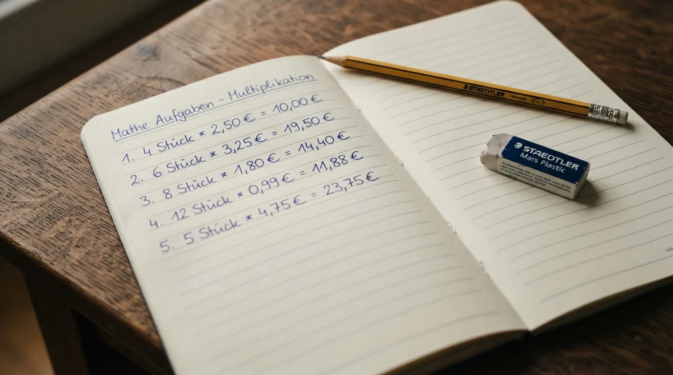 Ein Notizbuch mit handschriftlichen Multiplikationen liegt aufgeschlagen auf einem Holztisch, daneben ein Bleistift und ein Radiergummi.