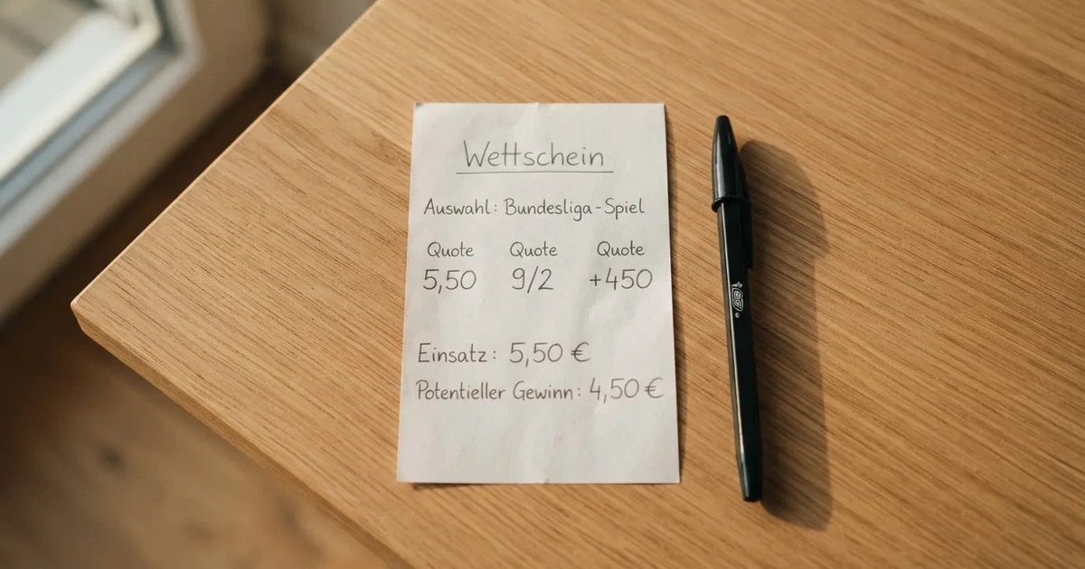 Ein Taschenrechner liegt auf einem leeren Papier-Wettschein neben einem Kugelschreiber auf einem hellen Schreibtisch.