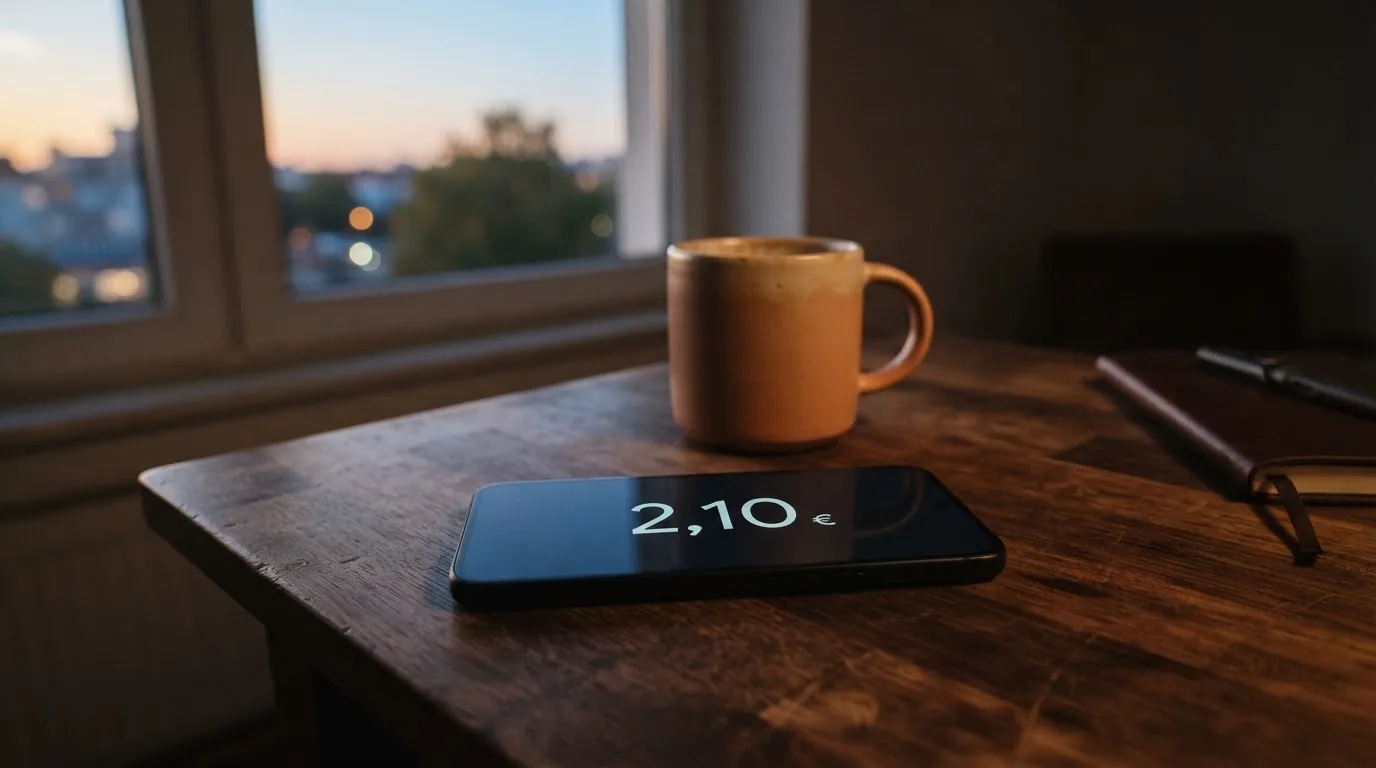 Ein Smartphone mit dunklem Display liegt neben einer Kaffeetasse auf einem Schreibtisch, durch das Fenster fällt Abendlicht.
