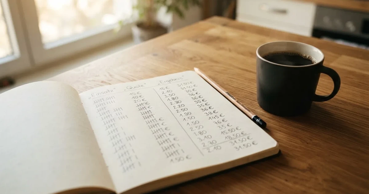 Ein aufgeschlagenes Notizbuch mit handgezeichneten Spalten und Strichen liegt neben einem Bleistift und einer Kaffeetasse auf einem Tisch am Morgen.