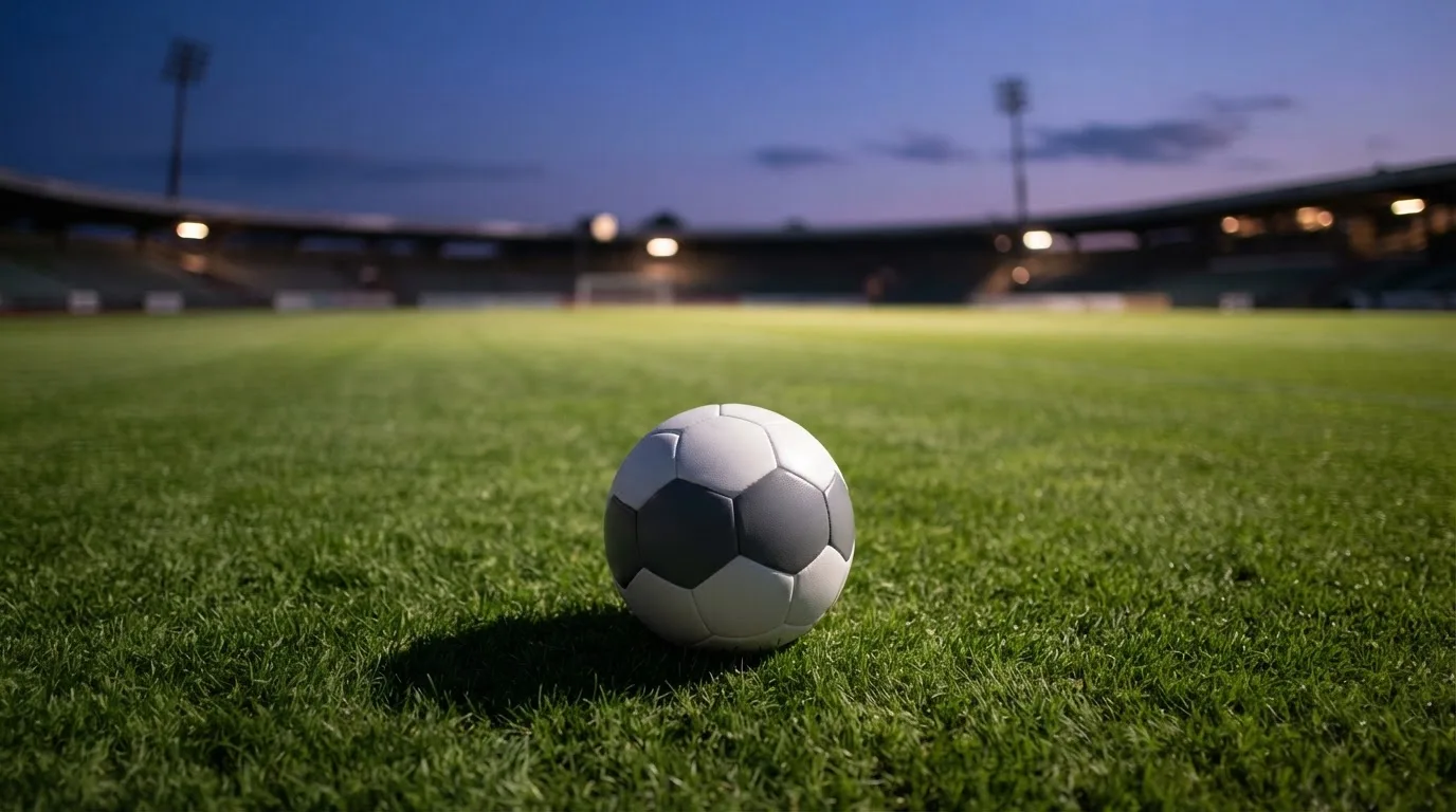 Ein Fußball liegt auf einem Rasenplatz in der Dämmerung, im Hintergrund ein ferner Stadionrand unter Flutlicht.