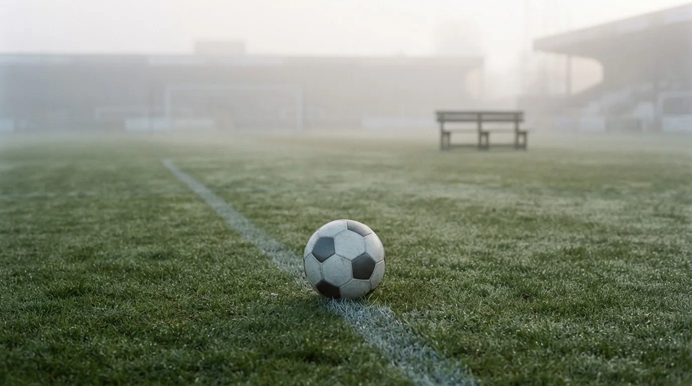 Ein Fußball liegt in der Mitte eines leeren Rasenplatzes im Morgennebel, am Rand steht eine einzelne Auswechselbank.