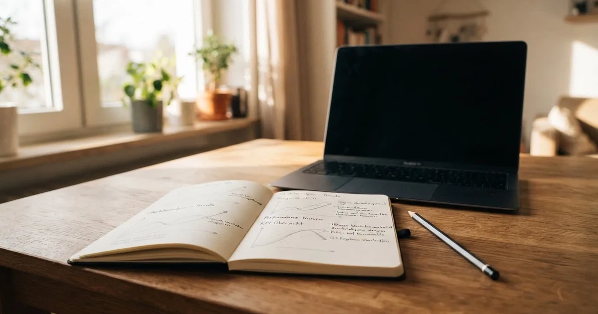 Ein Laptop-Bildschirm bleibt dunkel, davor ein Notizbuch mit handgezeichneten Kurven und ein Bleistift auf einem Schreibtisch am Fenster.