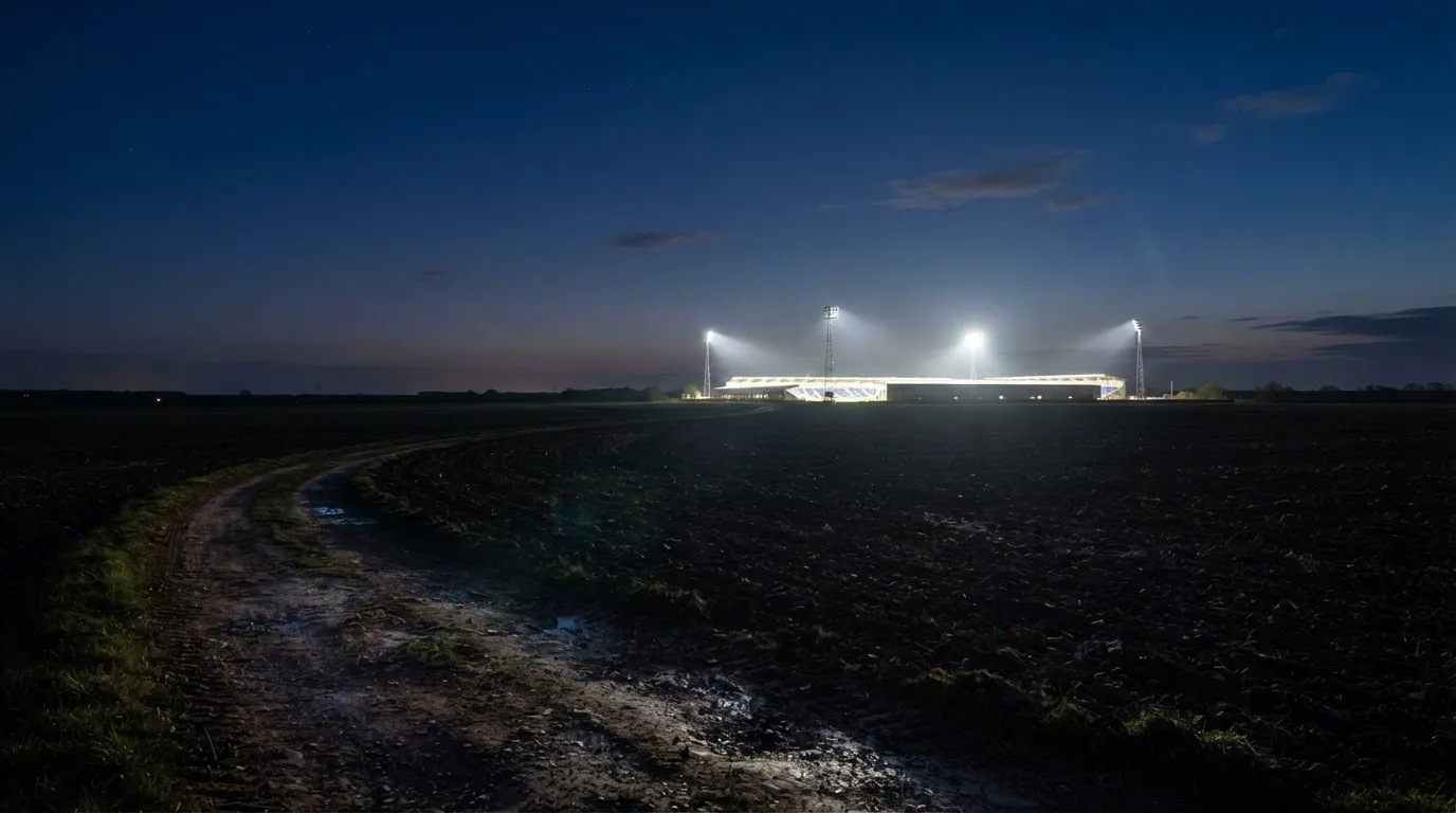 Ein Stadion unter Flutlicht von weitem gesehen, davor ein Feld und ein Feldweg im Dunkeln.